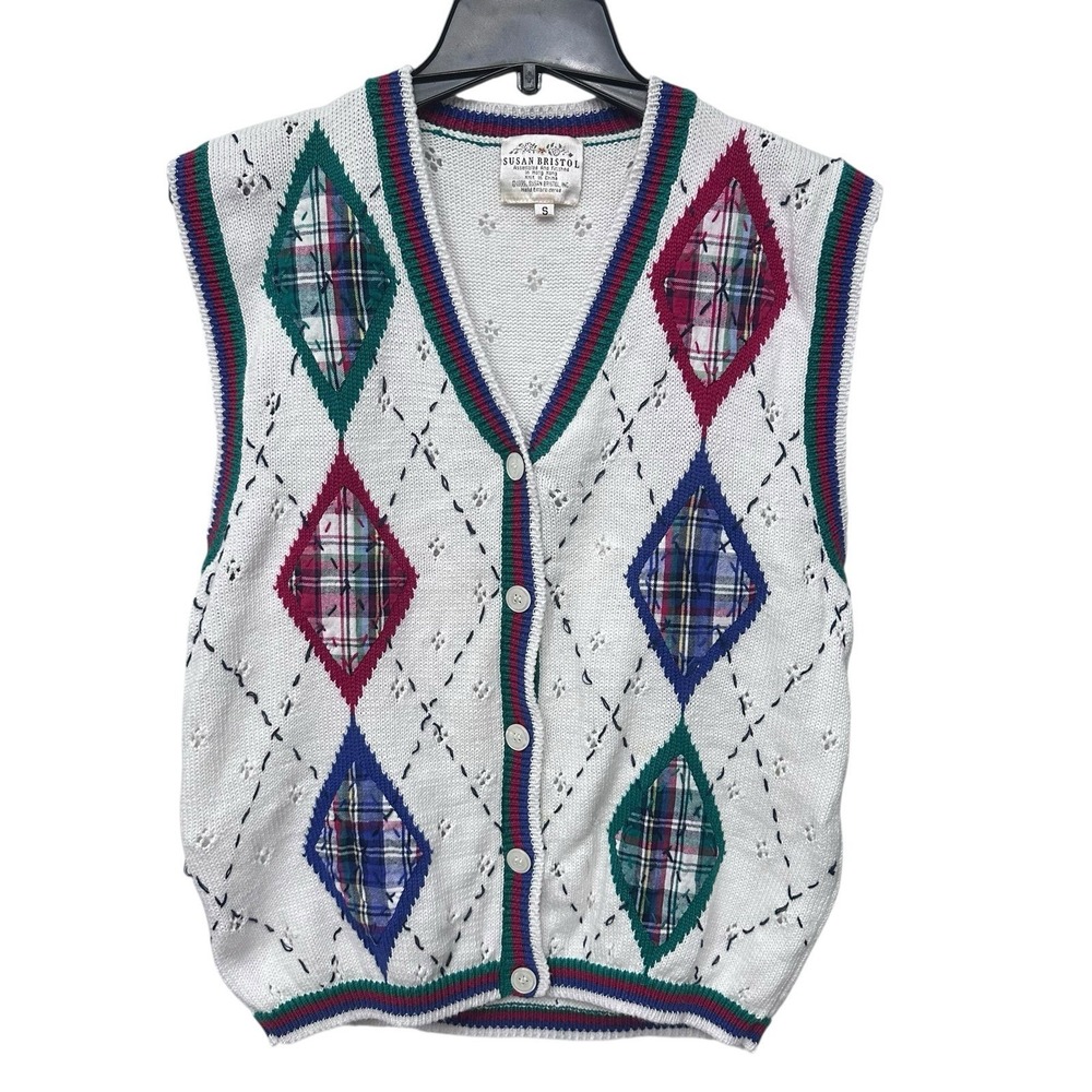 Vintage Susan Bristol Whiteโ Plaid V Neck Cardigan Sweater VEST Size Small 1995